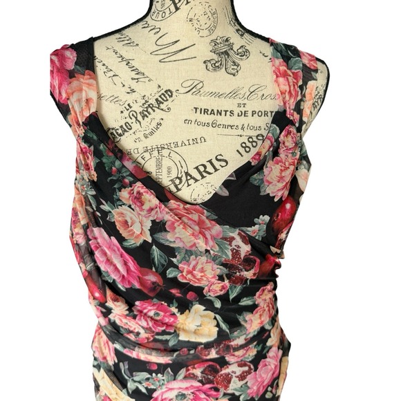 Express Dress Large Bodycon Floral Mesh Ruched Romantic Y2K Mesh Sweetheart Neck - Picture 3 of 13